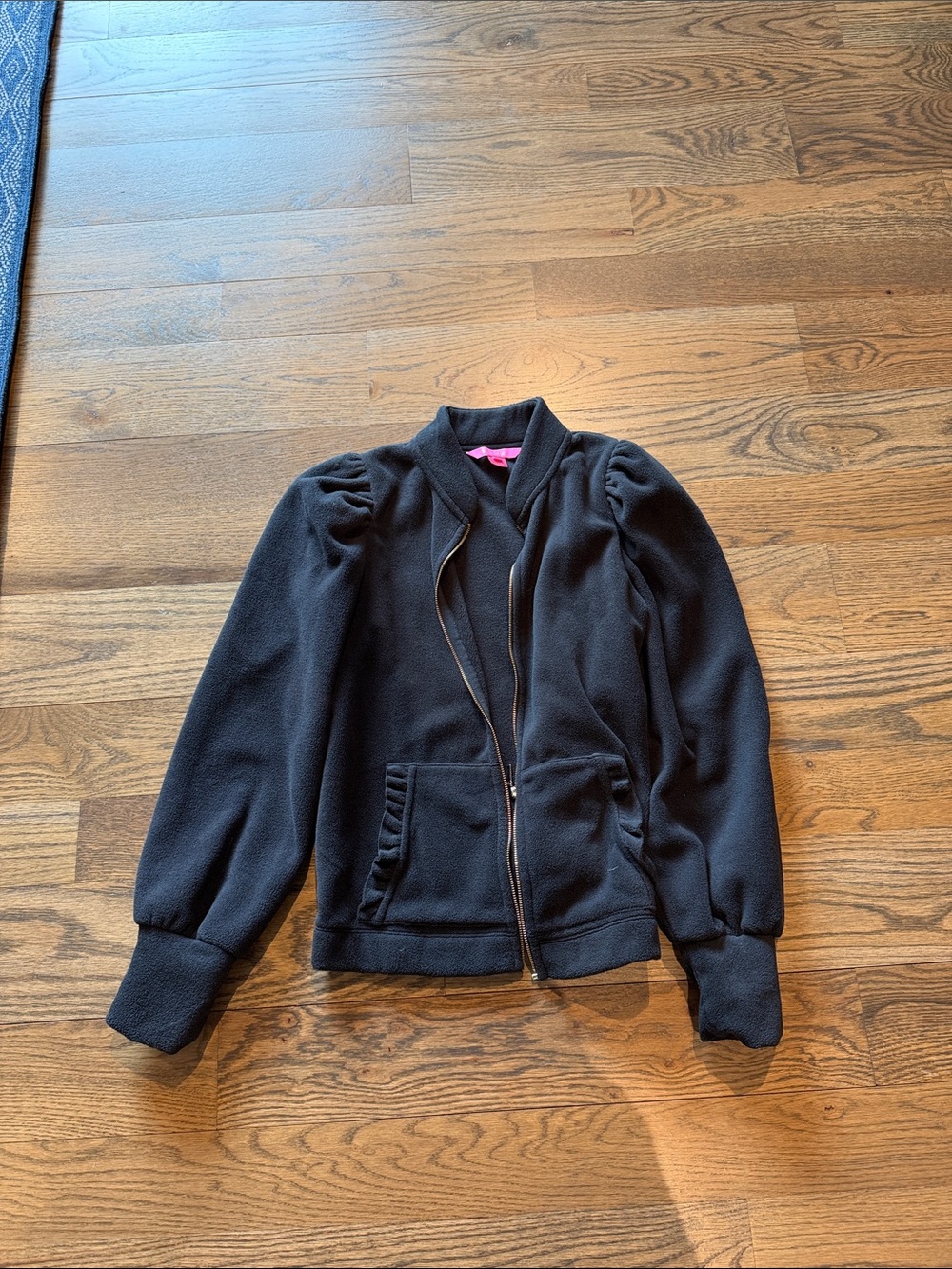 Lilly Pulitzer Black Zip-Front Bomber Jacket with Puff Shoulders